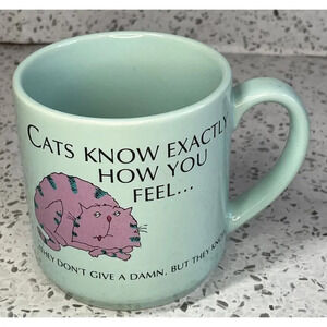 Vintage Carlton Cards Blue Mug "Cats Know How You Feel They Don't Give A Damn"